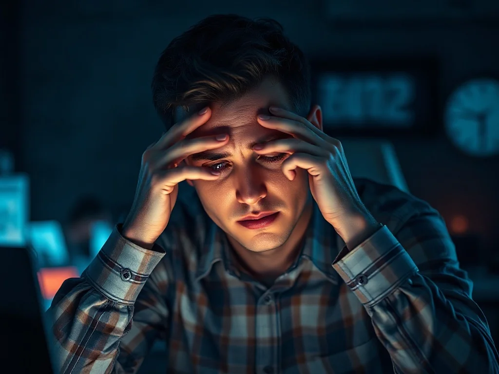 Wyczerpany mężczyzna siedzący przy biurku w ciemnym biurze, pocierający oczy w późnych godzinach nocnych.