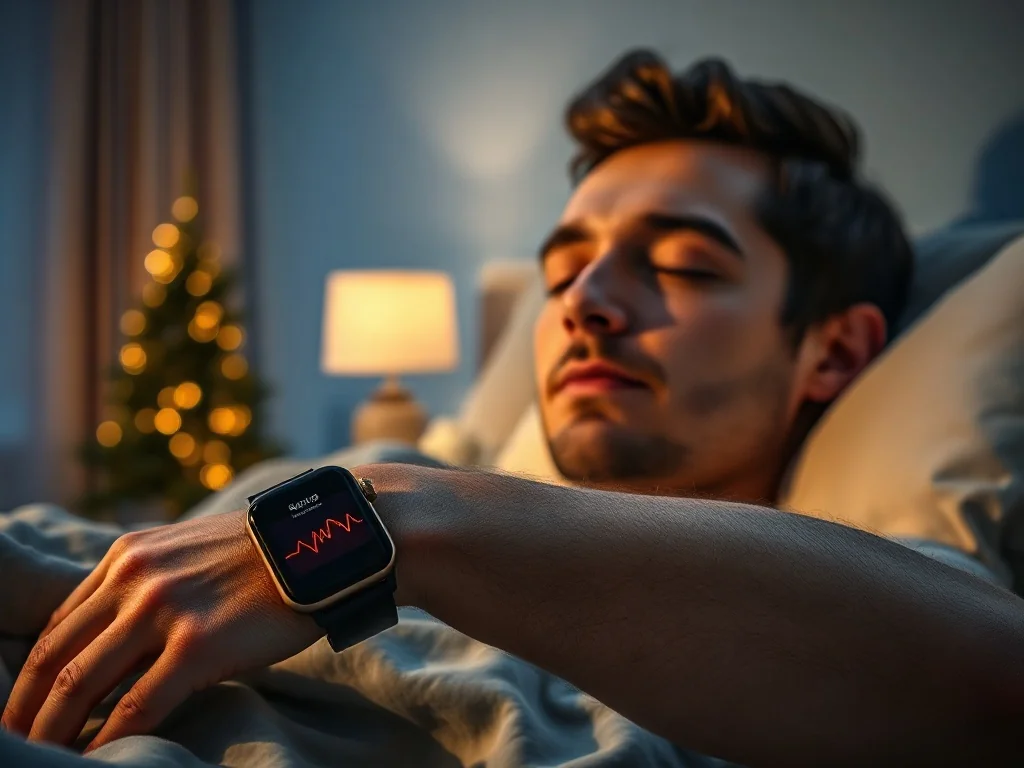 Mężczyzna śpiący w przytulnej sypialni z nowoczesnym smartwatchem na nadgarstku, który monitoruje tętno podczas snu.
